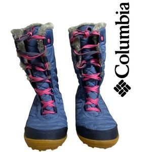 Blue Quilted Winter Boots with Pink Laces